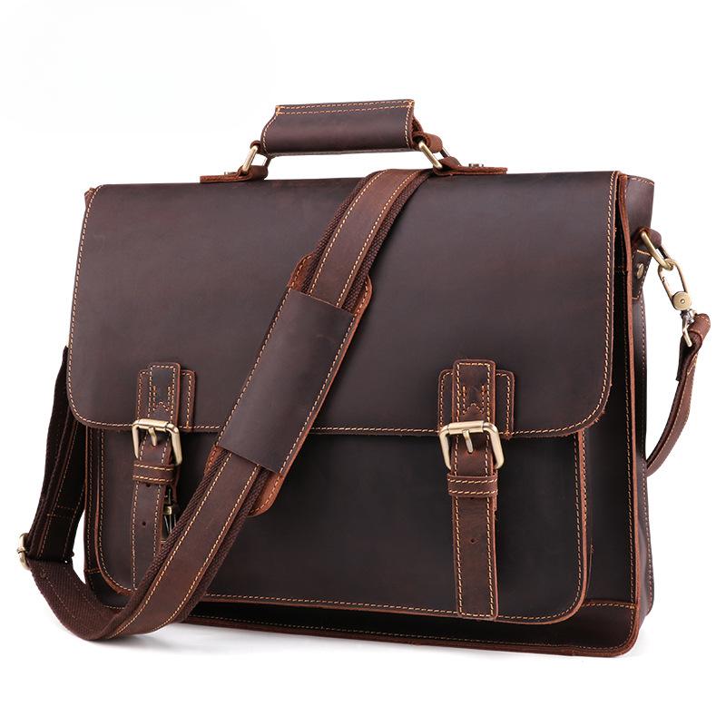 Genuine Leather Men's Briefcase Business Vintage Tote Computer Bag Men's Crazy Horse Leather Multifunctional Bag for Men