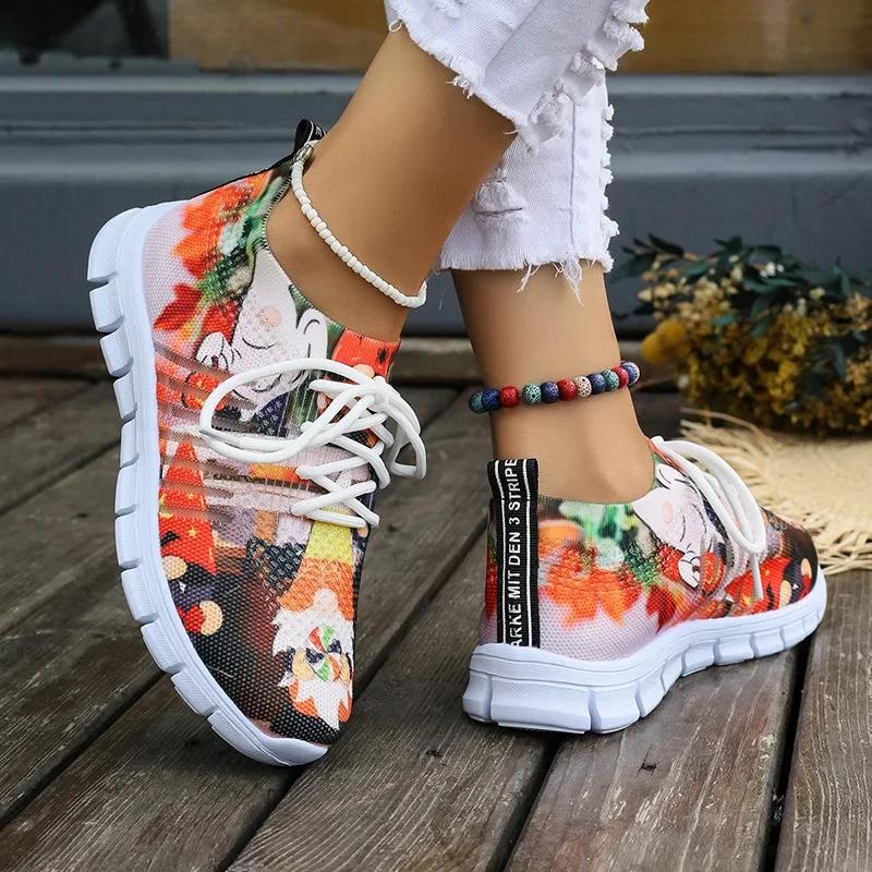 Модные женские кроссовки с принтом и вязанием, осенние новые дышащие сетчатые кроссовки для бега, женские повседневные туфли на плоской подошве, без застежек 20