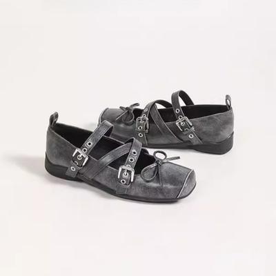 Балетки Мэри Джейн Женские 2025 Весна Новые На плоской подошве Ретро Перекрещенные Квадратный носок Серые Французские Легкие С открытым верхом Одинарные туфли