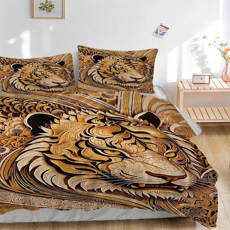 3pcs Tiger Art Print Duvet Cover Set - Machine Washable, Includes 1 Cover and 2 Pillowcases, No Core Included yy251013052