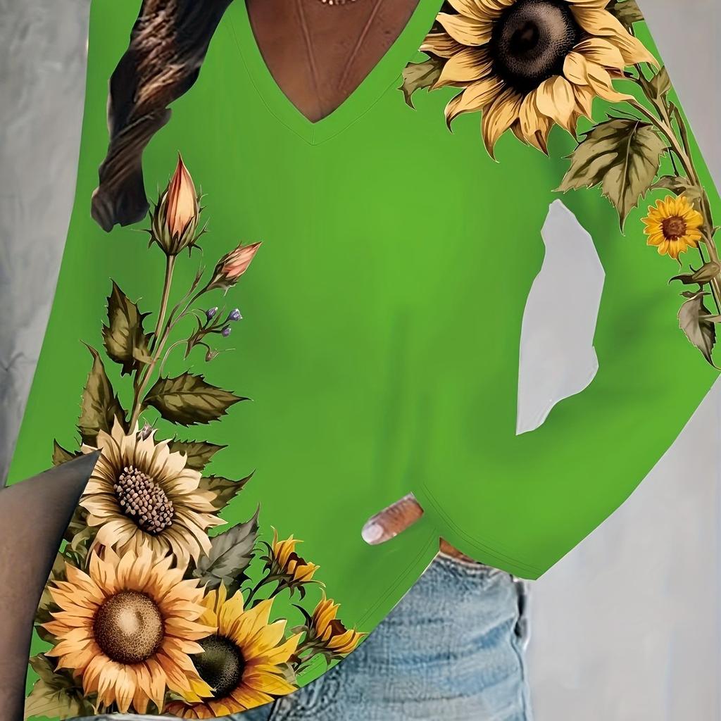 Футболка с длинным рукавом и V-образным вырезом с принтом подсолнуха, футболки в повседневном стиле на весну, удобные женские