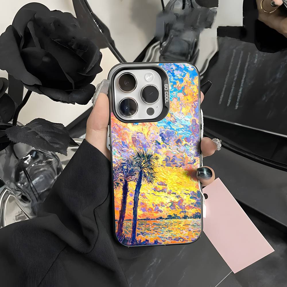 Colorful Oil Landscape Phone Case For iPhone 16 15 14 13 12 11 Pro Max Grey Black Phone Covers Matte Laser Metallic Aurora Funda
