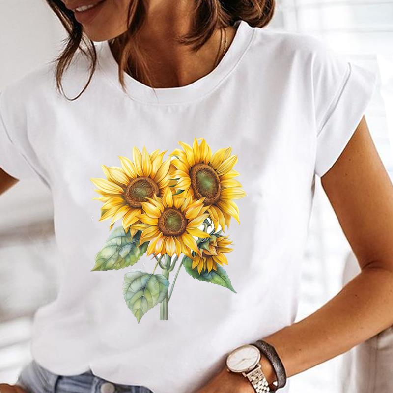 (Азиатский размер) Повседневная футболка с принтом в виде милого цветка в стиле 90-х, футболка с коротким рукавом, модная женская одежда, женские футболки с круглым вырезом и графическим принтом