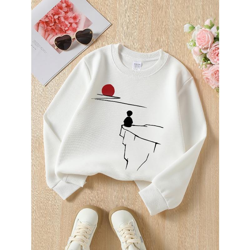 Kids Crewneck Sweatshirt, Minimal Line Art Cliff Sunset Silhouette Print,Spring Autumn Casual Sport Tops