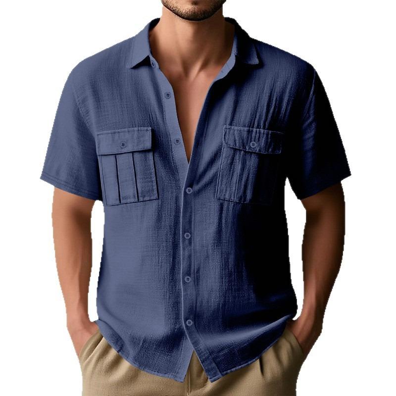 Men's Loose Fit Solid Collared Linen Short Sleeve Cardigan Solid Color Casual Top