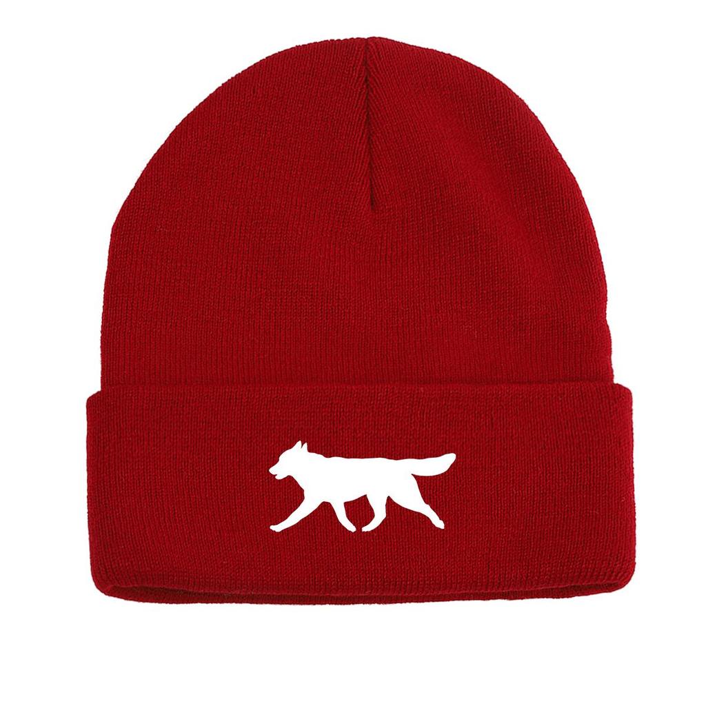 White Wolf Dog Print Knitted Cap Beanie, Animal Man Cap Lightweight Elastic Casual Bobble Hat Knit Hat Beanie