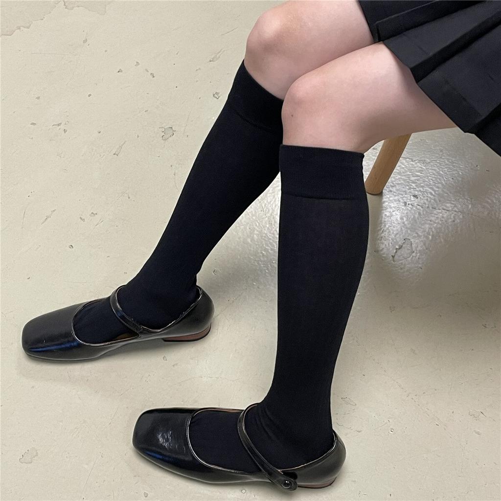 Модные женские чулки, хлопковые вязаные однотонные гольфы, школьные гольфы в студенческом стиле, черные, белые длинные носки, чулки