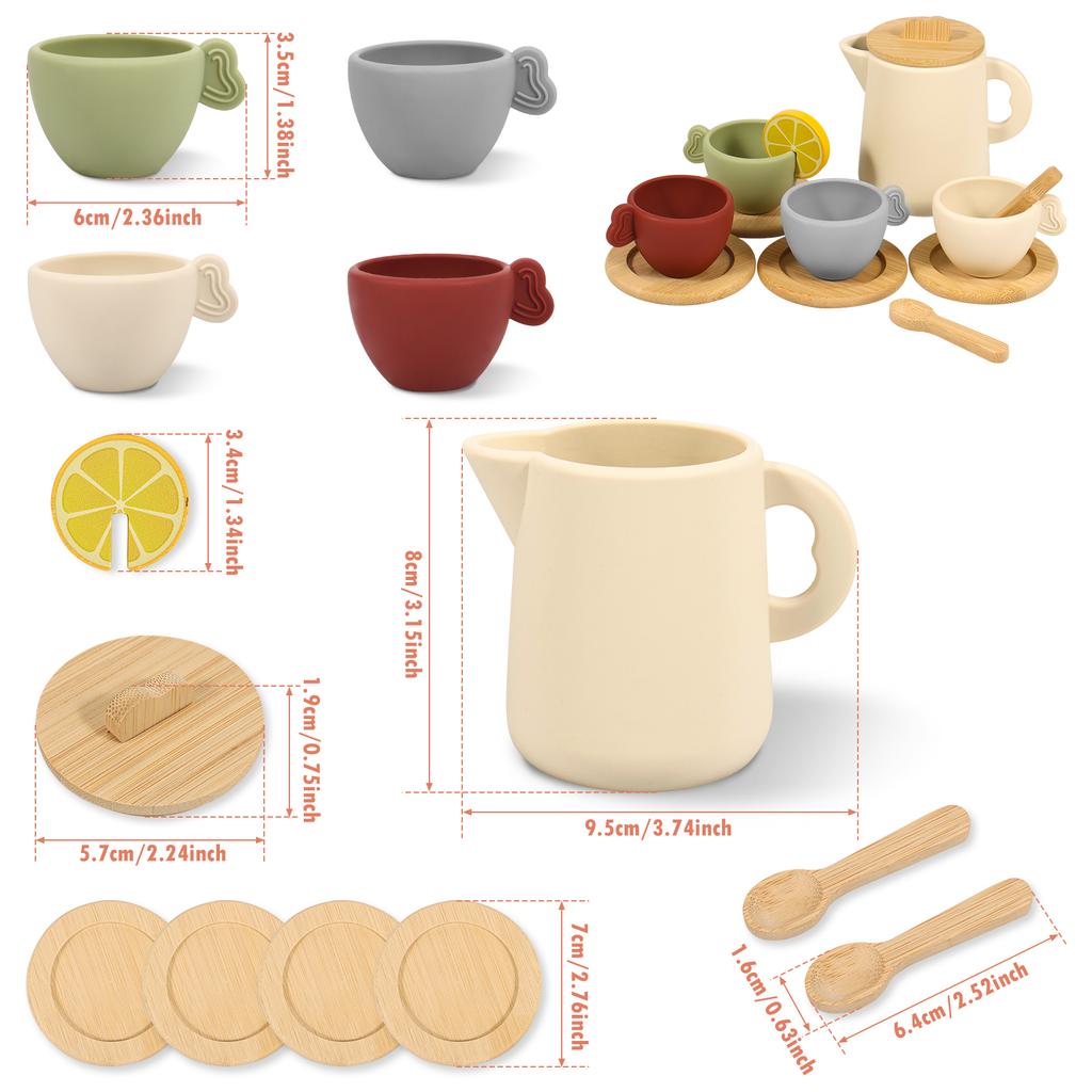 Wooden Children Montessori Toy Teapot Teacup Simulation Kitchen Utensil BPA Free Silicone Kid Education Pretend Play Toy Gift