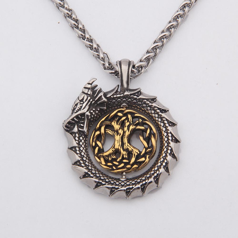 Jormungandr Around Tree of Life Necklace Mens Gold Viking Dragon Tree of Life Pendant Necklace Irish Knot Silver Gift