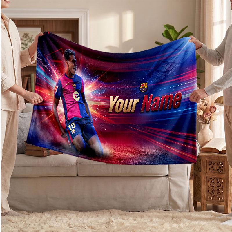 Lamine Yamal Personalized Fleece Blanket With Football Logo, Custom Name Text Soft Warm Home Throw Blanket