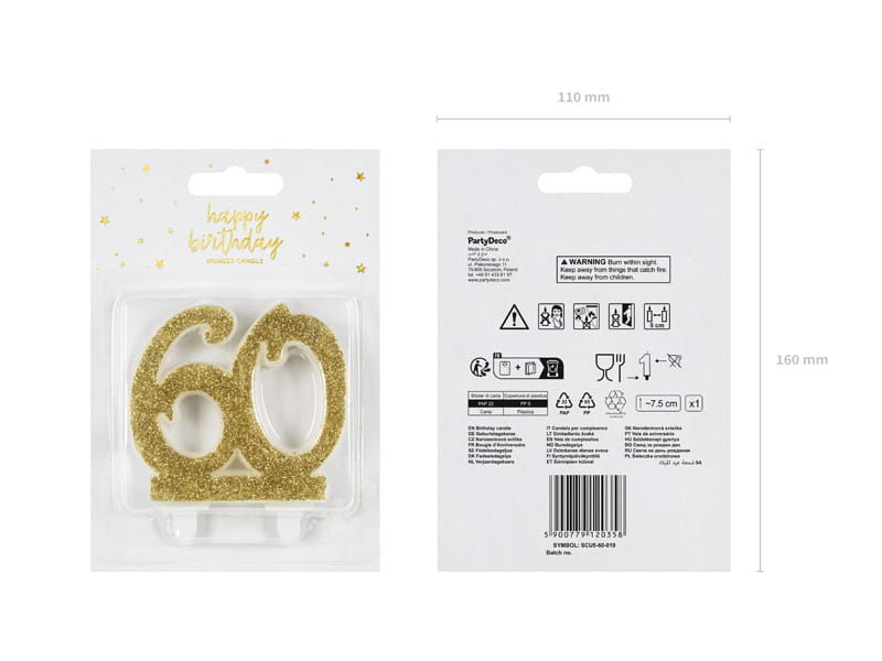 Partydeco Świeczka Urodzinowa Liczba 60 Złota 7,5Cm
