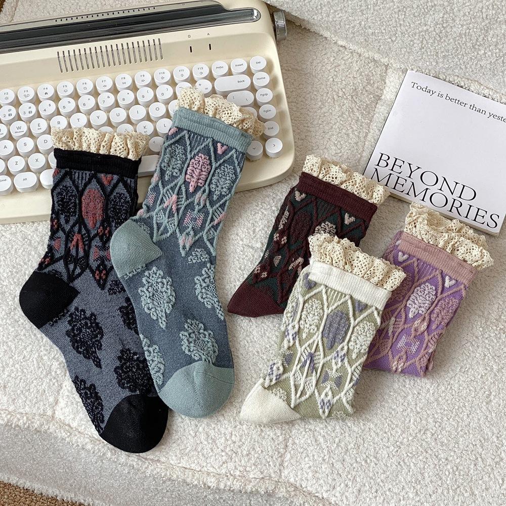 Lace Ruffle Socks Women JK Japanese Style Sweet Girls Lolita Kawaii Socks Ethnic Harajuku Retro Streetwear Middle Tube Socks Sox