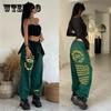 Oversize Ink Green Sports Pants Female Loose Bundle Hip Hop-h-Hardware Pants Retro Print Jazz Street Dance Long Pants