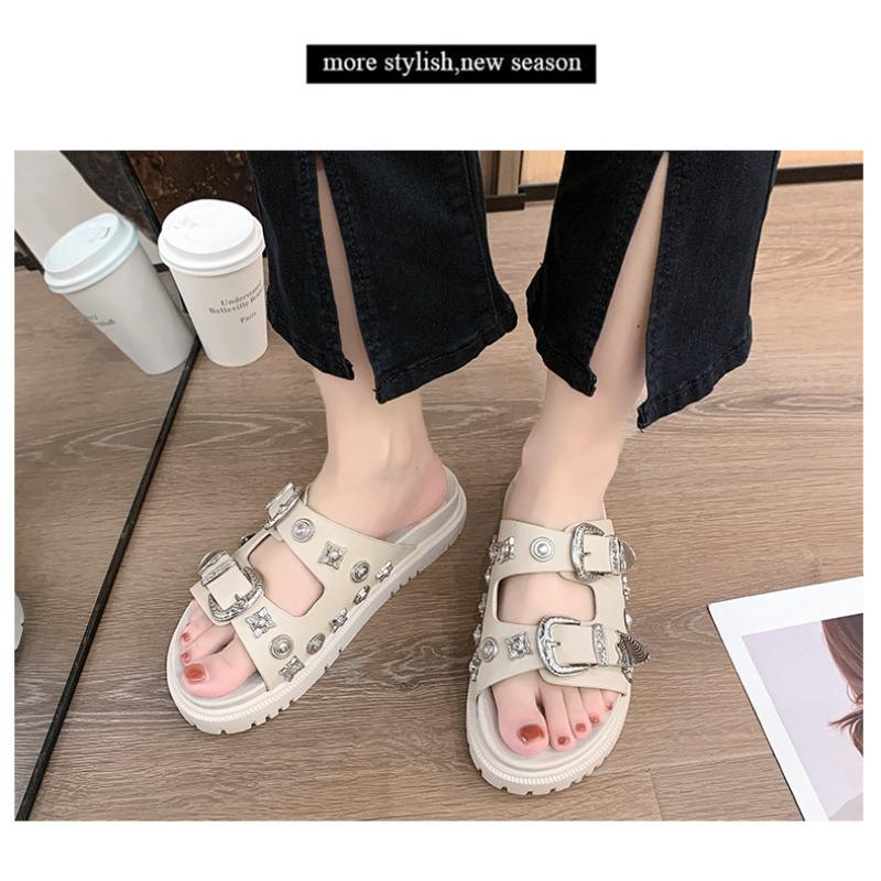 Summer Fashion Dark Black Wind Metal Slippers Female New Rivets Thick Bottom Casual Sandals Beach Slippers