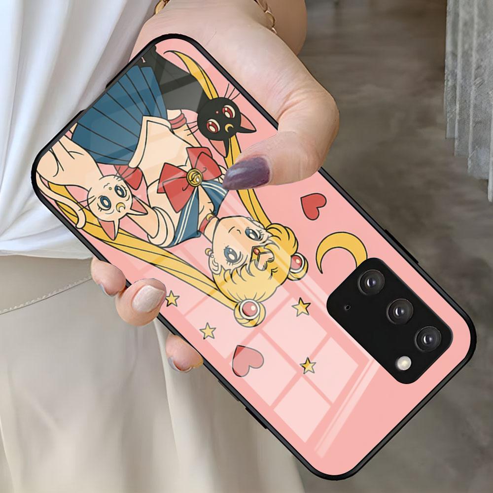 Чехол для телефона с аниме-персонажами S-Sailor M-Moon для Samsung S25 S24 FE S23 S22 S21 Plus S20 Ultra Note20Ultra Черная стеклянная крышка