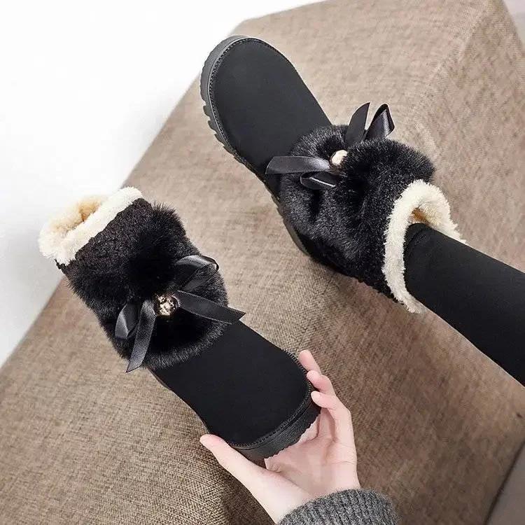 Женские зимние ботинки, ботильоны для женщин, элегантные, на среднем каблуке, ботильоны с лентами и бантом, коричневые, по акции, мода 2024, мех 39