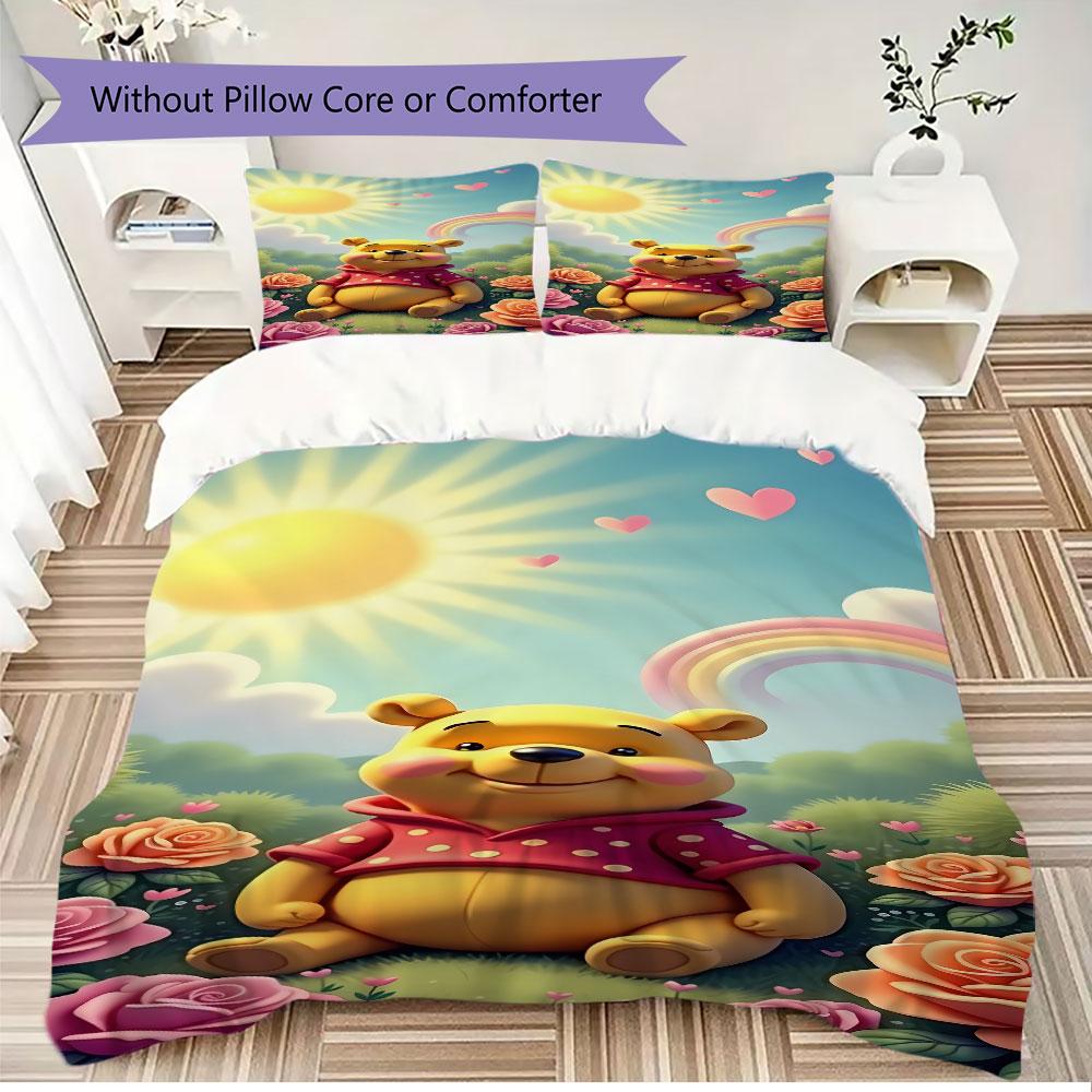 3pcs cartoon duvet cover set (1 duvet cover + 2 pillowcases, duvet insert not included), cute Winnie the Pooh print bedding set.
