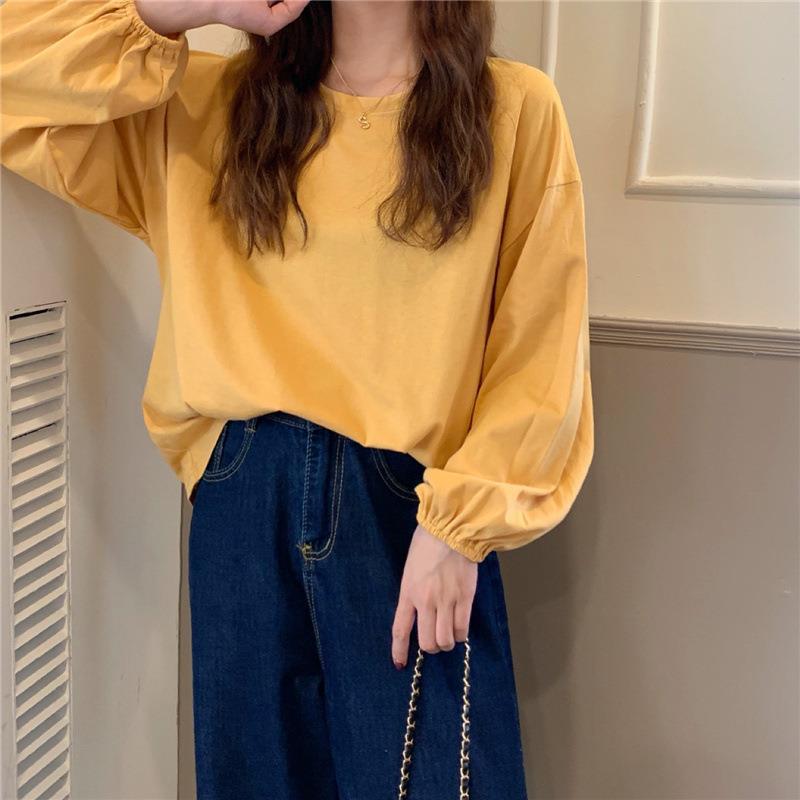 2025 Весна Женская однотонная свободная футболка с рукавами-фонариками