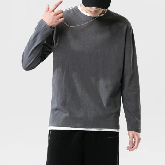 Мужская рубашка с круглым вырезом и длинным рукавом, мягкая дышащая футболка, однотонная, свободный крой, весна-лето, повседневные топы