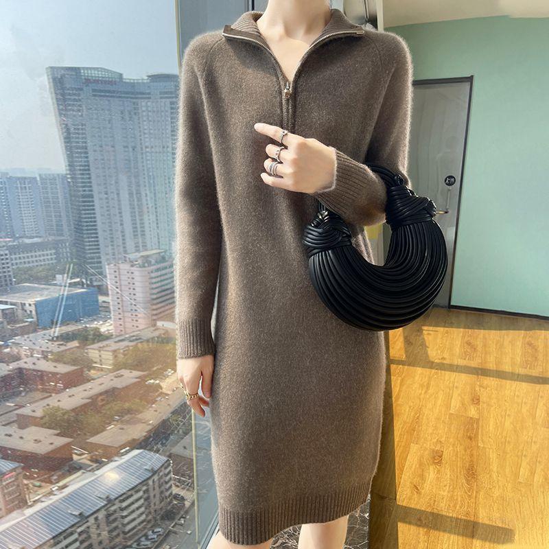 Simple Long Sweater Autumn and Winter Knitted Dress for Women Long Knee-length Zipper Sweater Dress Loose