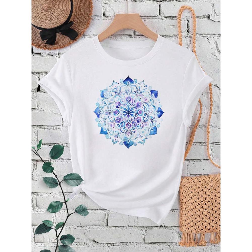Floral Mandala Print Women Fashion T Shirt Summer Short Sleeves O Neck Y2K Tops Tee Female 90s Casual Clothing