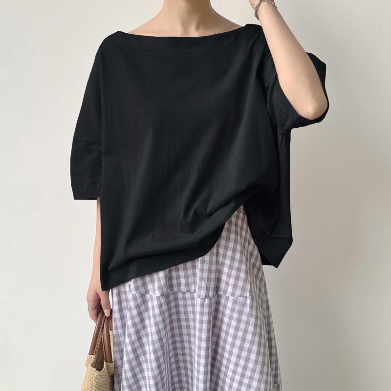 Новая летняя стильная японская однотонная футболка с коротким рукавом и воротником, простая однотонная повседневная свободная трикотажная футболка с рукавом пять четвертей для женщин