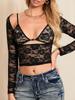 Женская футболка Y2K с кружевным цветочным принтом, прозрачная сетчатая футболка с длинным рукавом, облегающая футболка с низким вырезом, сексуальная облегающая одежда для выхода в свет, эстетичная уличная одежда для клуба
