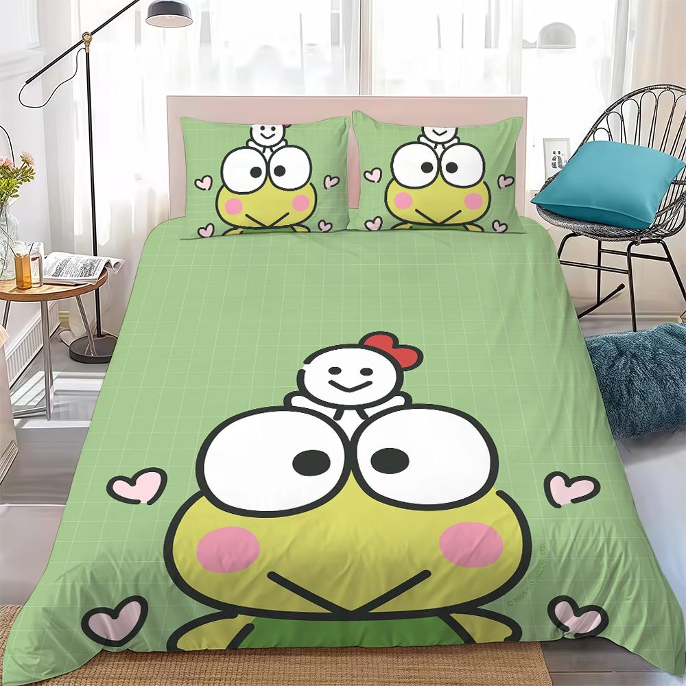 Мультяшный набор пододеяльников K-Keroppi Домашний стиль Постельное белье Мягкий Хлопок для стирки Кровать 3-предметный набор Подарок для студенческого общежития