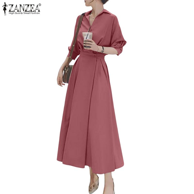 ZANZEA Women Turn Down Collar Loose Casual 3/4 Sleeve Long Dress