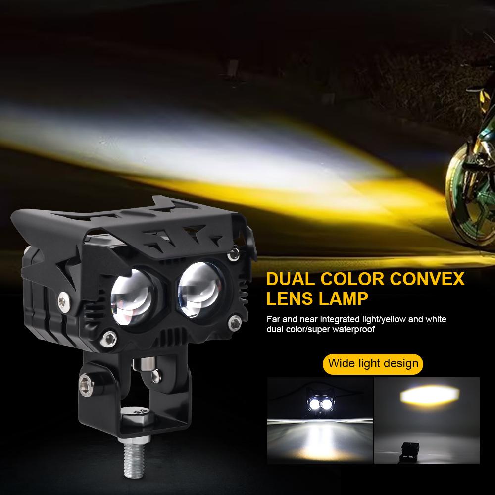 2X Motorcycle Headlights Spotlight Fog Light Hi/Low Beam Len Dual Color Work Auxiliary Driving Light Headlight Yellow White 12V