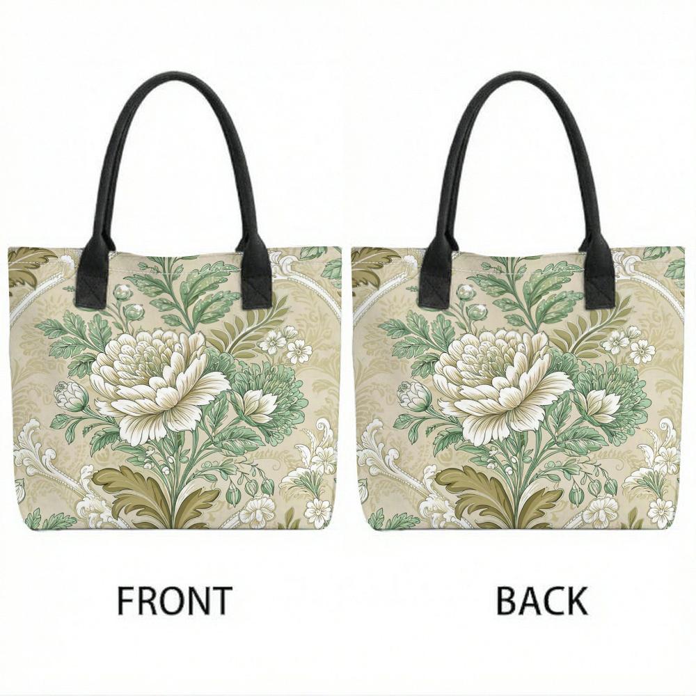 Floral Canvas Tote Bag Vintage Green Printed Large Capacity Casual Shoulder Handbag