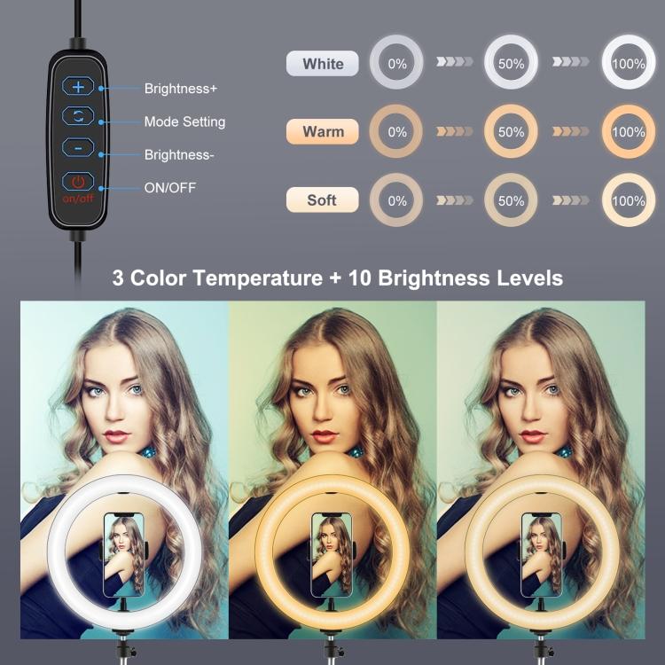 PULUZ 10,2 дюйма 26 см USB 3 режима светодиодное кольцо с регулировкой яркости для видеоблогов, селфи, бьюти-фотографии, видеосветильники со штативной шаровой головкой и зажимом для телефона