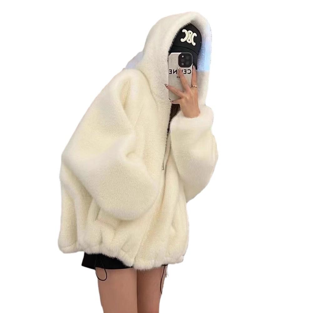 Женская меховая куртка-свитер с капюшоном, корейский стиль, осень/зима 2024, свободный крой, утолщенный бархатом