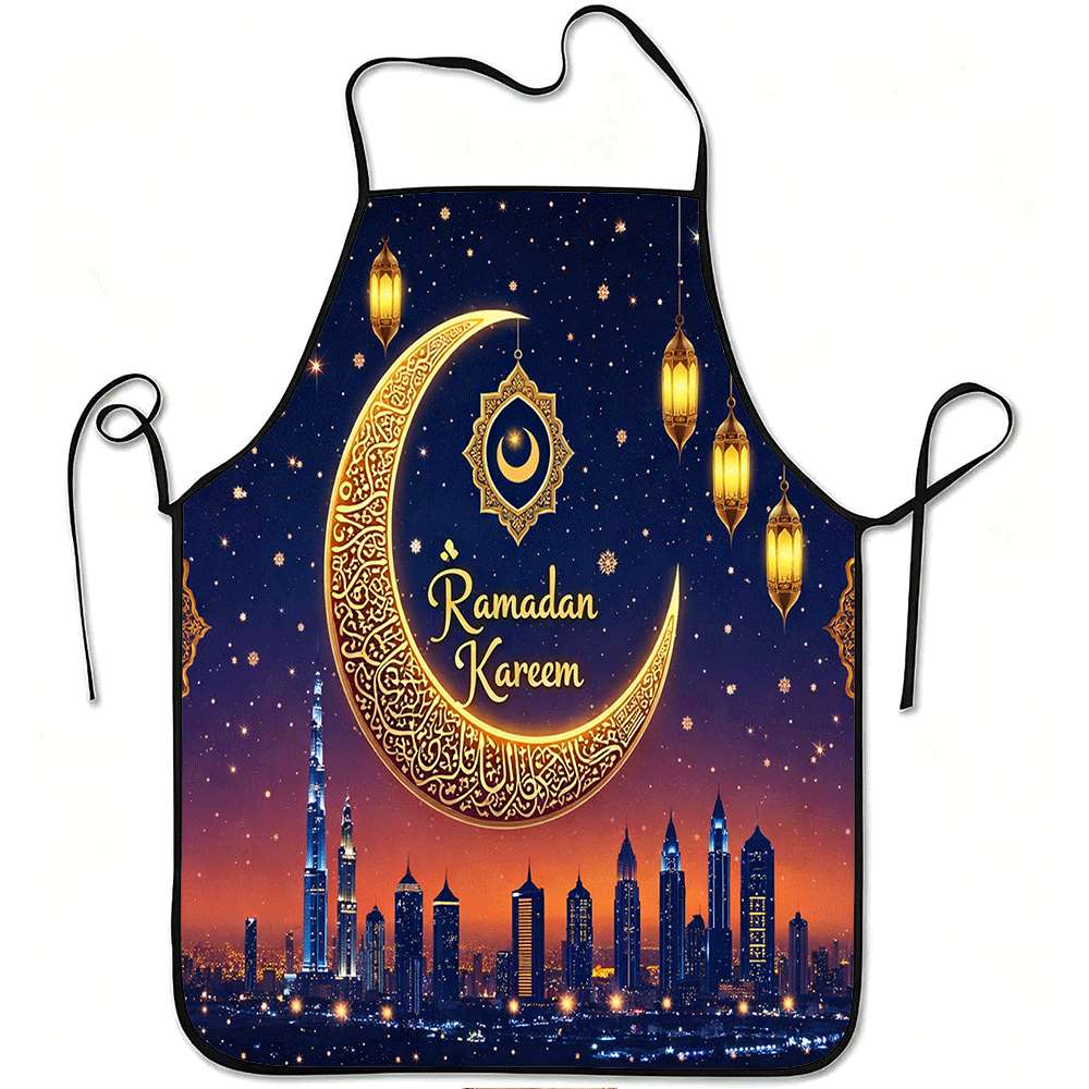 1 Piece Ramadan-Themed Islamic Apron, Gold Hollow-Out Pattern with Crescent Moon and Bustling City Night Scene Design, Unisex, Perfect for Crafts, Bak