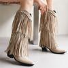 Мода Мода Осень Зима Этническая Женщина Богемный Флок Кисточка Скрытые Мокасины Высокие каблуки Полусапоги Бахрома Женские Туфли Слипоны