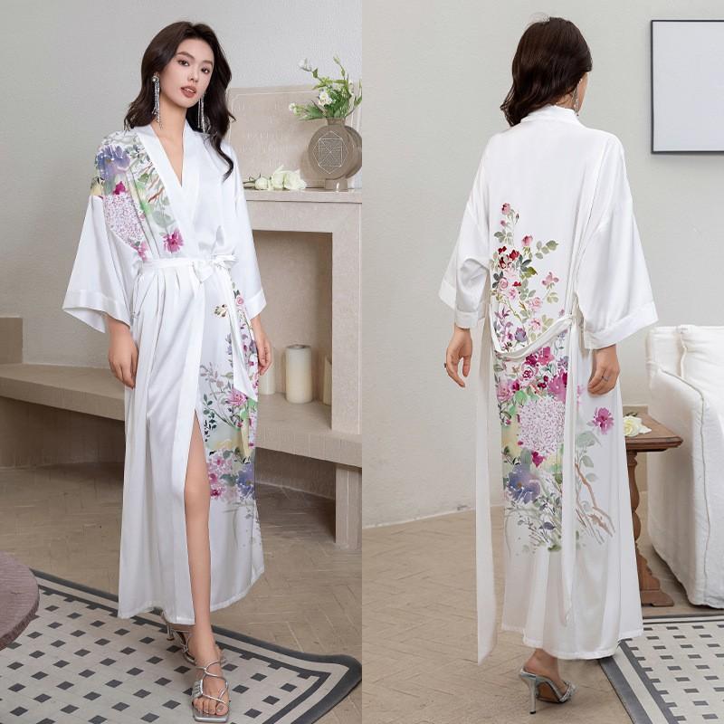 Satin Printed Robe Women Plus Size Lightweight Long Sleepwear Home