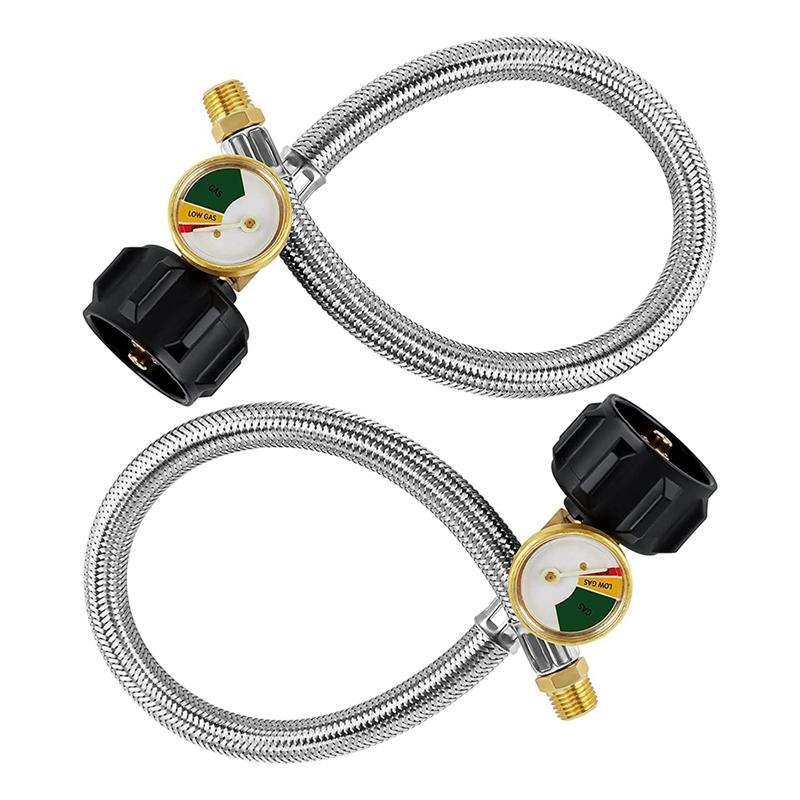 2 Pack Stainless Steel RV Propane Hose With Gauge For 5-40Lb Tanks - Stainless Braided Propane Hose Quick Connect