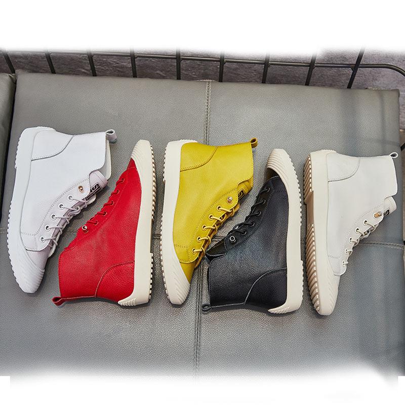 Red High-top Short Boots Women's Leather Autumn and Winter New Single-sided Flat-bottomed Shell-head Single Shoes Casual Four-season White Shoes Tide