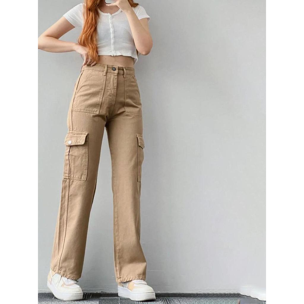 Y2K Women Vintage Cargo Pants Streetwear Korean Harajuku Parachute Pants Beige Sweatpants Wide Leg Joggers Trousers