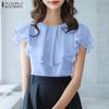 Женская повседневная блузка с круглым вырезом, коротким рукавом, летняя, с оборками