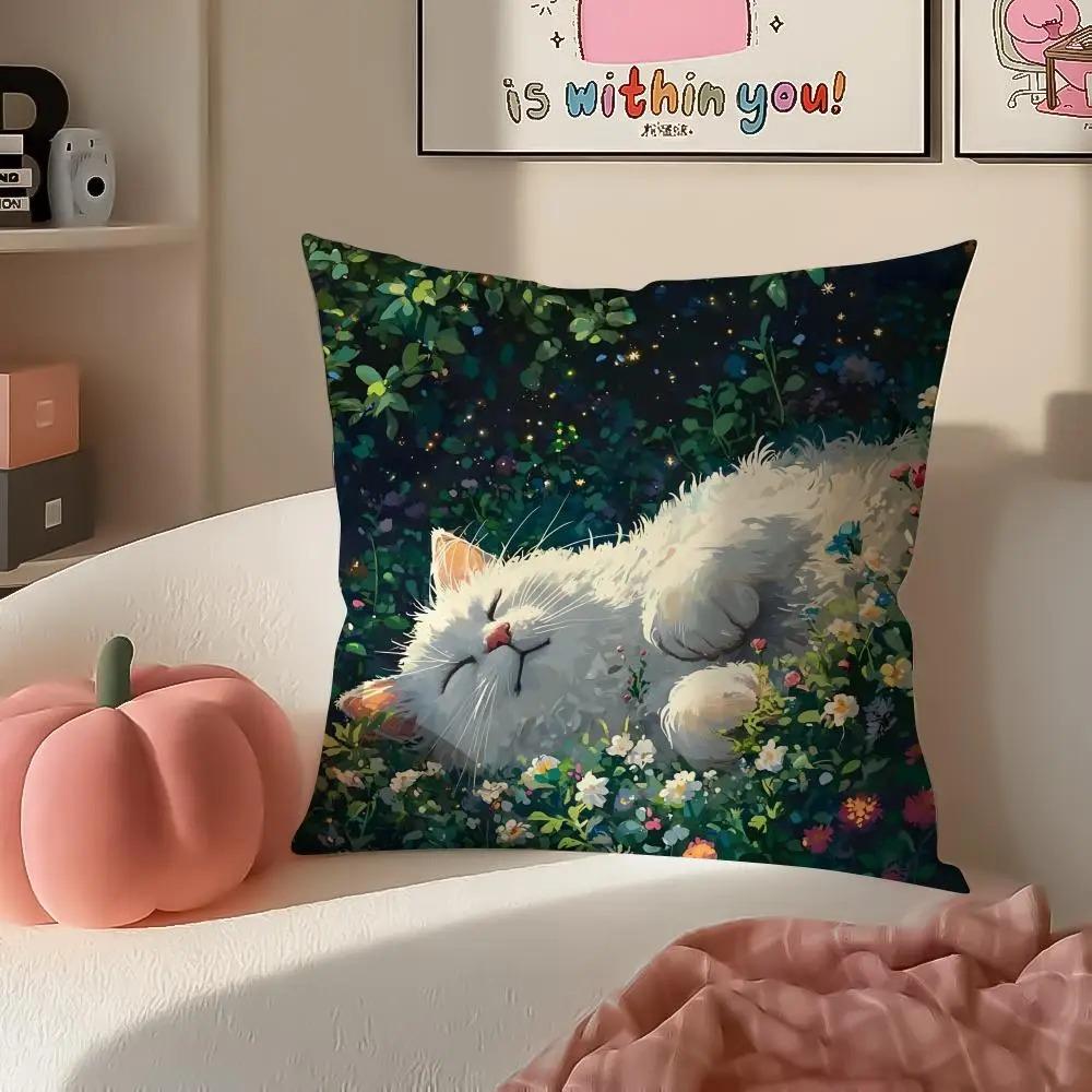 Cute White Kitty Throw Pillow Cover 2D Flat Printed Abstract Art Cat Peach Skin Cushion Case For Bedroom Kids Room Sofa Decor