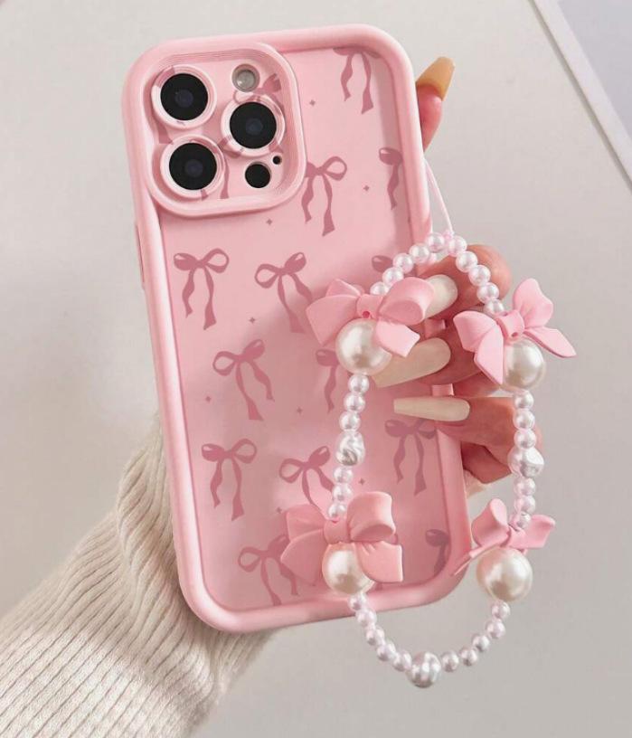 Стильный чехол-цепочка с бантом для моделей iPhone: 13 Pro, 15, 15 Pro Max, 16, 17