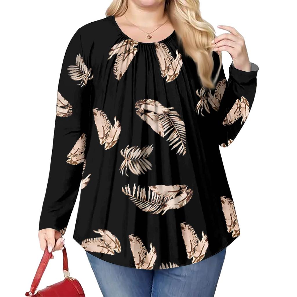 Women's Plus Size Fashion Printed Casual Pleated Round Neck Long Sleeve Top