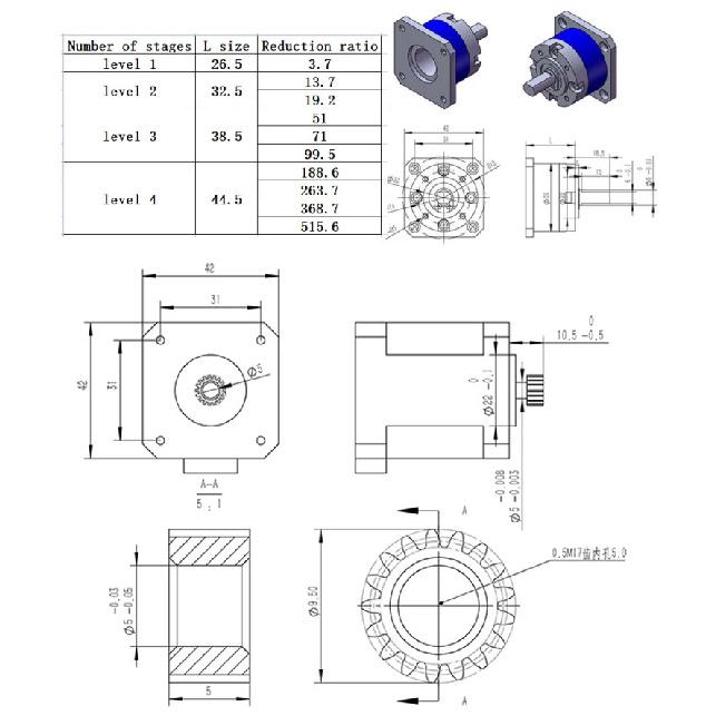 42mm Stepper Motor Planetary Gear Reducer Input Shaft 5mm Suitable for Nema17 Stepper Motor 36mm Planetary Gear Reducer Gearbox