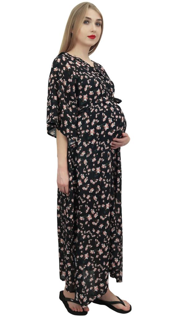 Bimba Moms Kimono Sleeve Floral Print Black Maxi Dress Maternity Kaftan-10