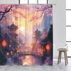 Japanese Style Shower Curtain Town Architecture Arch Bridge Pink Cherry Blossom Sunset Mountain Landscape Bathroom Curtain Decor
