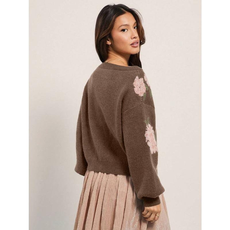 Women S Loose Round Neck Long Sleeve Knit Sweater Lazy Floral Pattern
