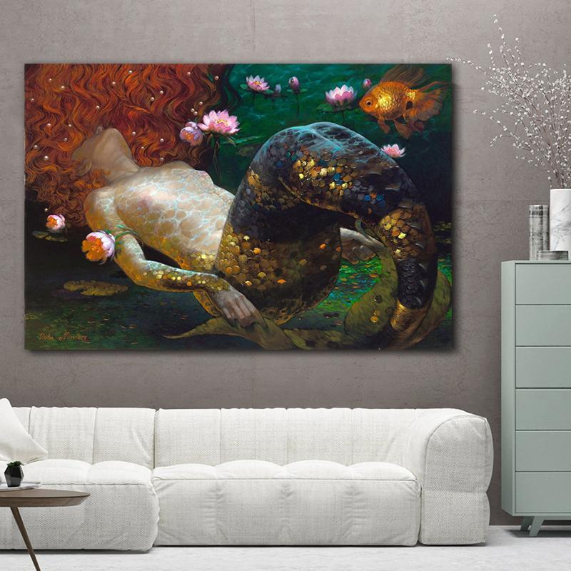 Abstract Long Hair Mermaid Canvas Painting Mermail Posters and Prints Wall Art Pictures For Living Room Home Decor No Frame