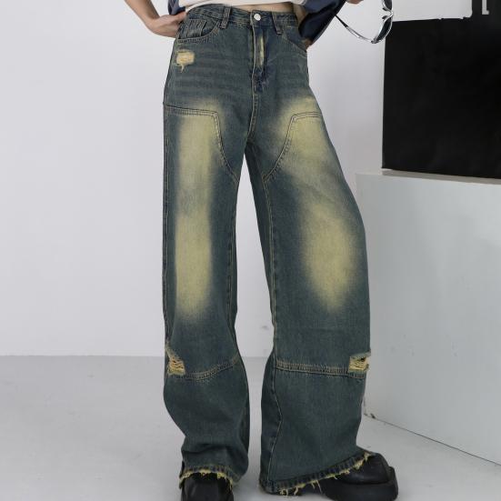 Мужские повседневные джинсы в стиле ретро со средней посадкой и карманами, широкие длинные джинсовые брюки в стиле хип-хоп, рваные джинсы, потертые джинсы