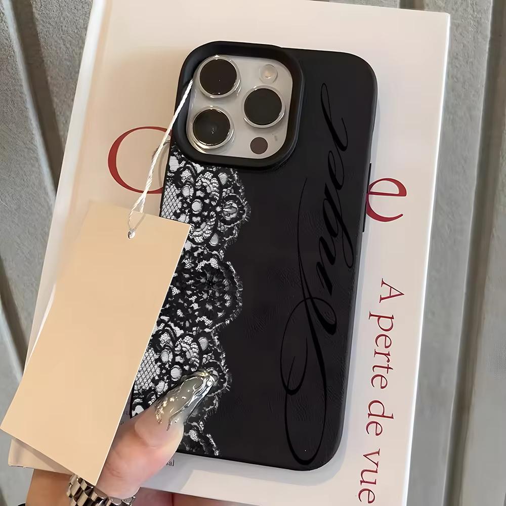 Черный Кружевной Ангельский Узор Силиконовый Чехол для Телефона Для iPhone 11 12 13 14 15 16 17 Pro Max 17 Air 14 15 Plus X Xs XR Личи Мягкая Обложка